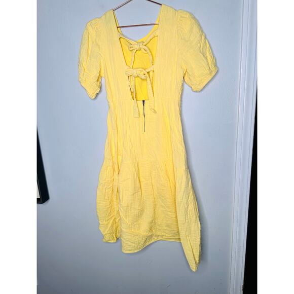 LOVE WHIT Yellow 100% Cotton Crewneck Short Sleeve Tie Back Dress Size Medium - Picture 9 of 14